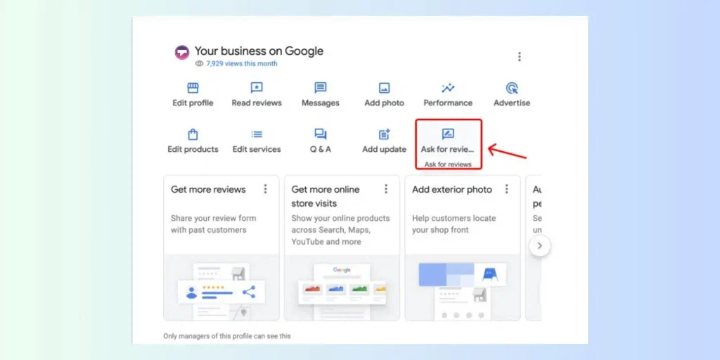 Menu Dapatkan Lebih Banyak Ulasan di dashboard Google Business Profile