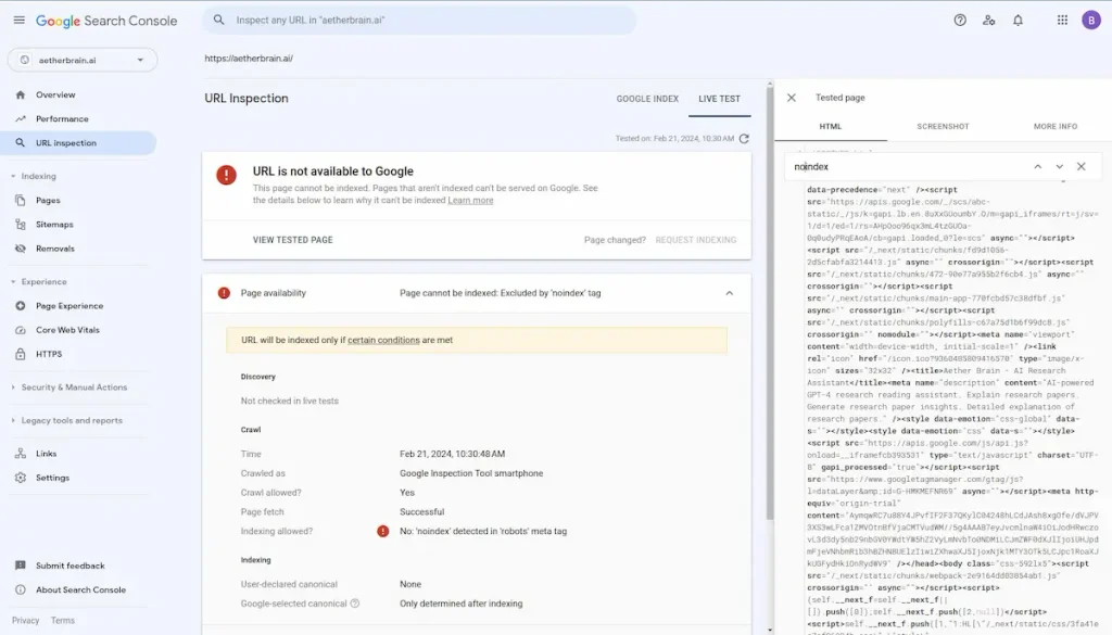 Google Search Console URL inspection