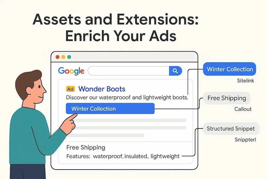 Faktor Utama Kenaikan Biaya Iklan Google Ads yang Perlu Diketahui Iklan yang diperkaya dengan ekstensi.