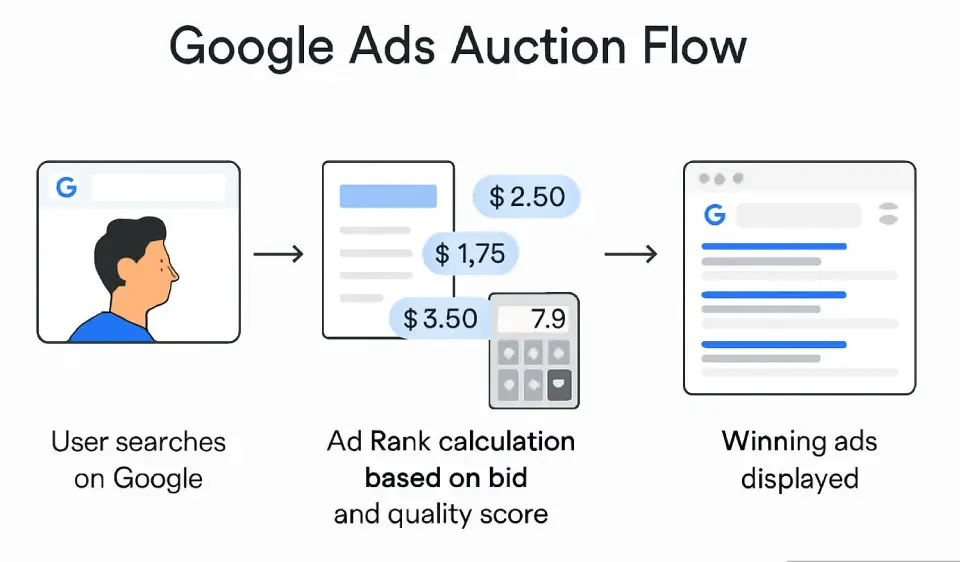 Faktor Utama Kenaikan Biaya Iklan Google Ads yang Perlu Diketahui Alur lelang Google Ads ilustrasi