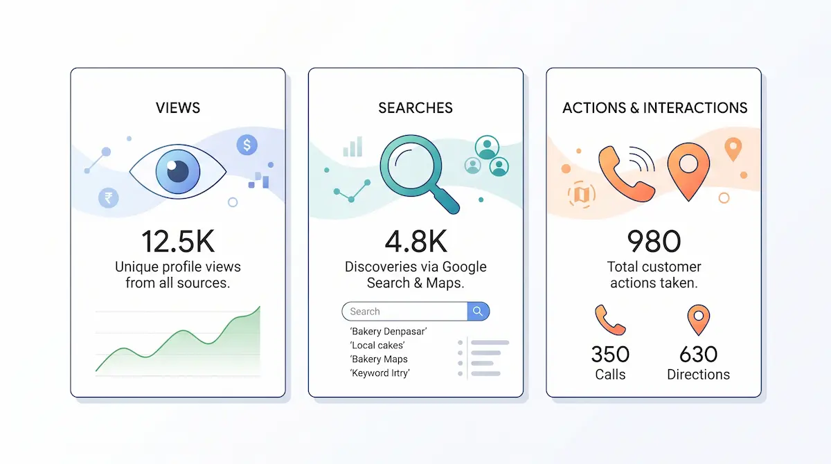 Cara Membaca Performa Google Business Profile: Angka Mana yang Benar-Benar Berarti Leads Analitik tampilan, pencarian, interaksi bisnis