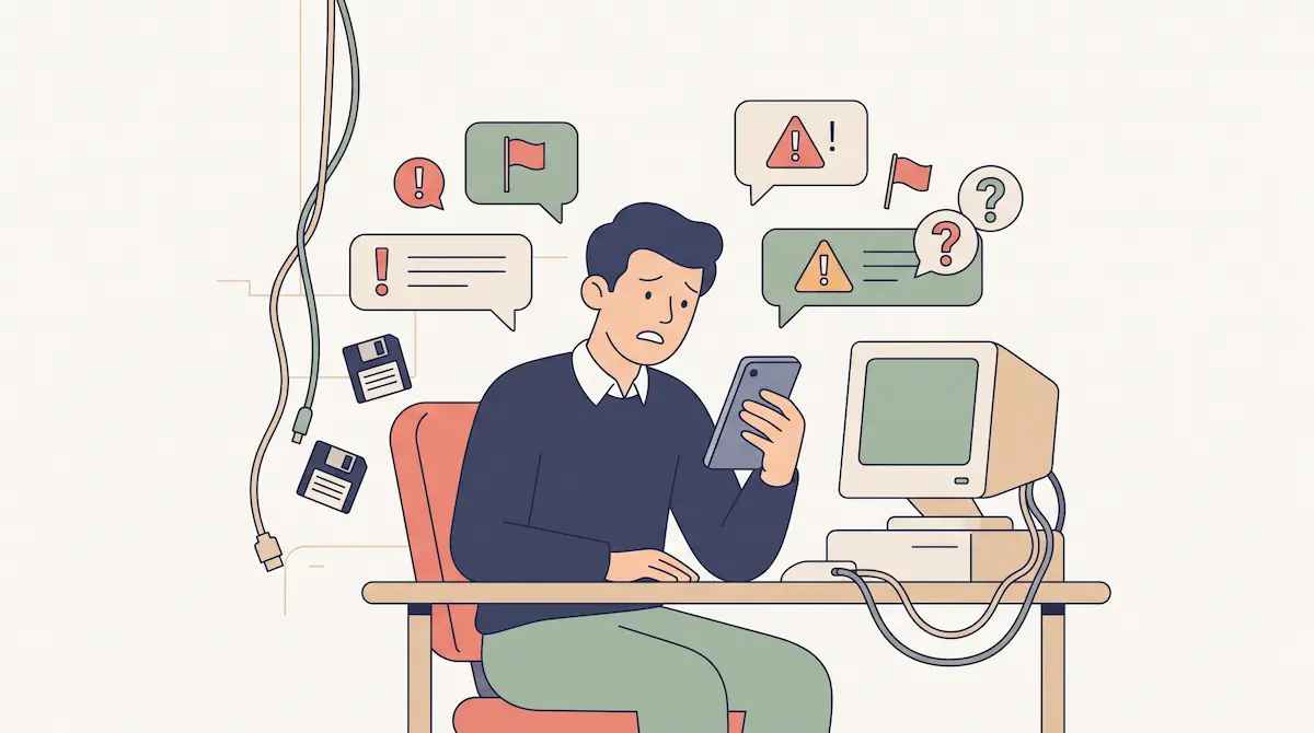 Pria stres dengan notifikasi ponsel