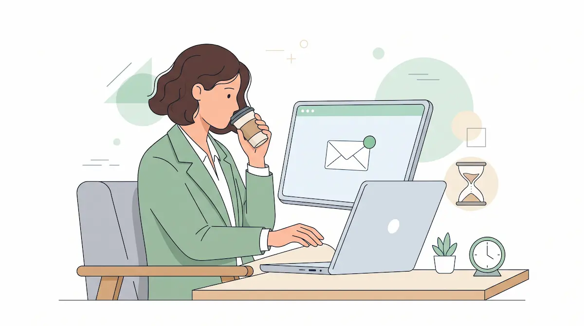 Wanita minum kopi bekerja depan komputer