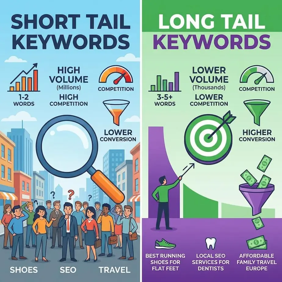 Faktor Utama Kenaikan Biaya Iklan Google Ads yang Perlu Diketahui Perbandingan kata kunci short tail dan long tail